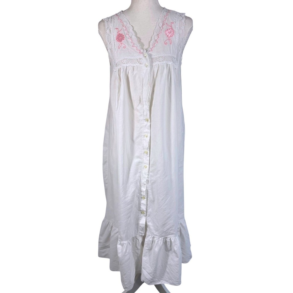 Vintage 70s Ashley Taylor II Nightgown Womens S White Pink Embroidered Lace Maxi